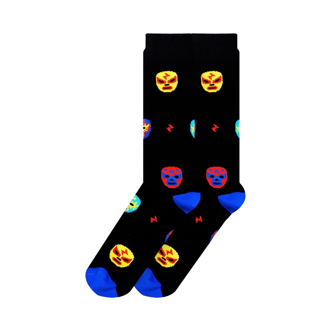 Black pair of socks with a multi-colored Mexican lucha libre masks pattern