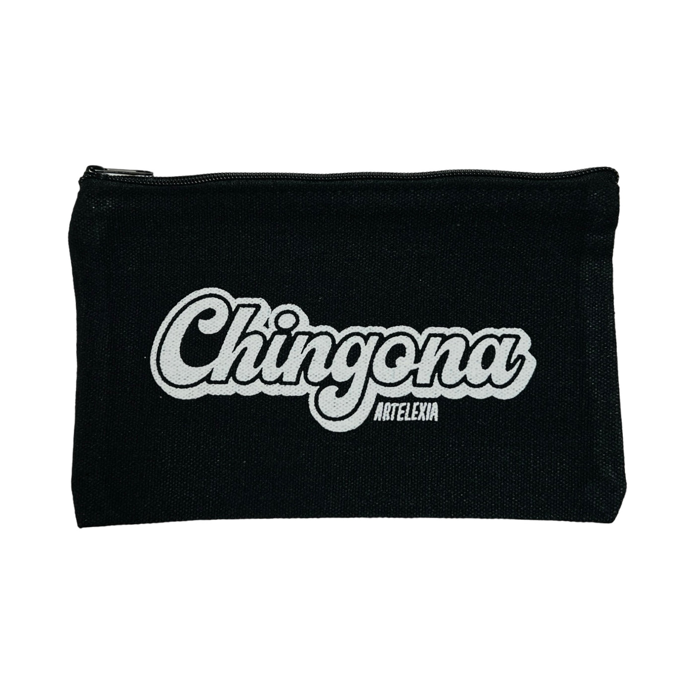black canvas zipper pouch with the word Chingona in white lettering.