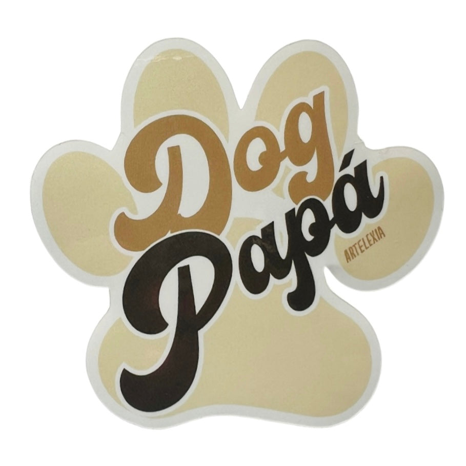 Light beige paw print with the phrase Dog Papa in the center in light and dark brown lettering.