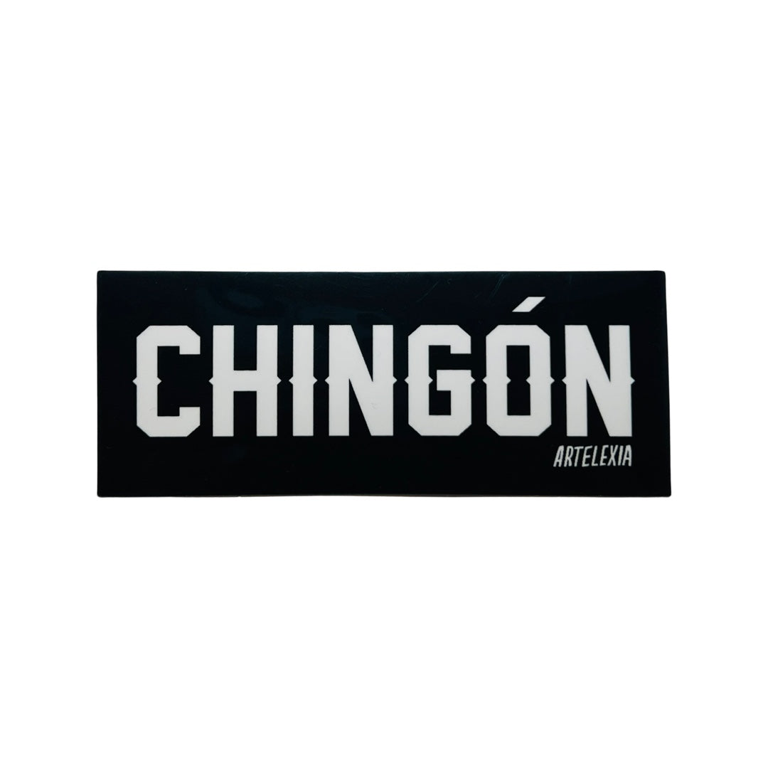 Black rectangle sticker with the word Chingon in white lettering