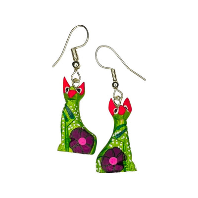 A set of alebrije cat earrings of various colors and design
