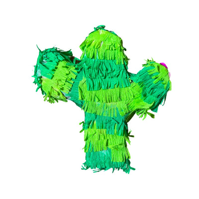 Green catus piñata made of two shades of green tissue paper