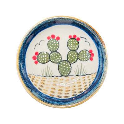 Green and blue stoneware bowl with an image of a cactus