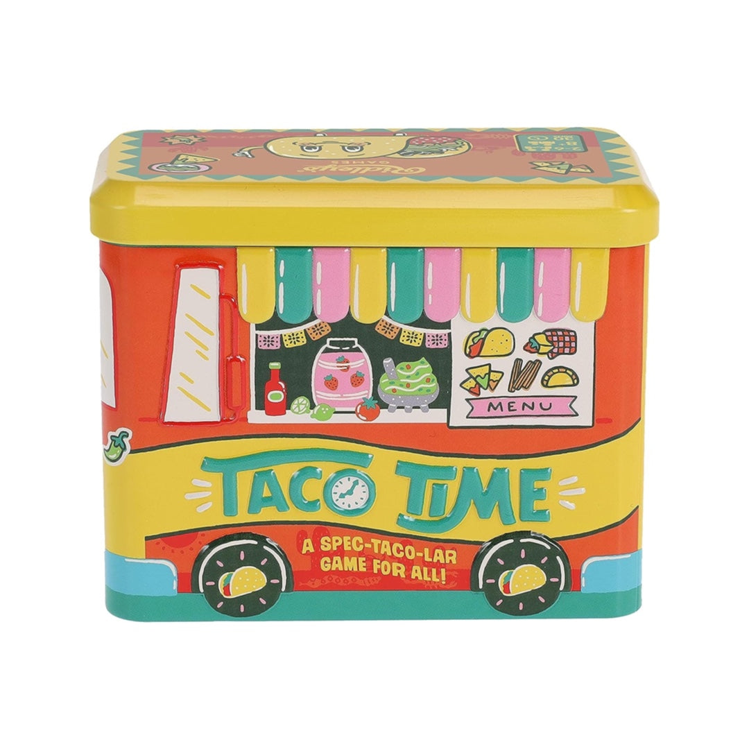 Tin box with a taco truck design in the colors red, yellow and green.