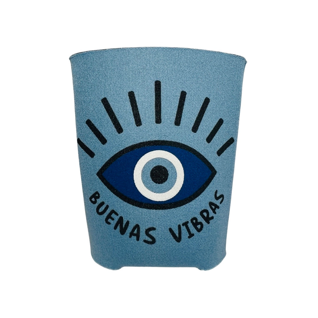 Light blue can cooler with an image of an eye with lashes and the phrase Buenas Vibras in black lettering