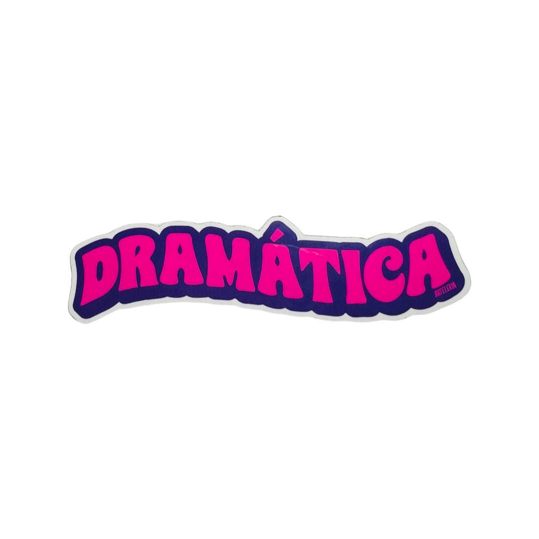 Sticker with the word Dramatica in hot pink and outlined in dark purple