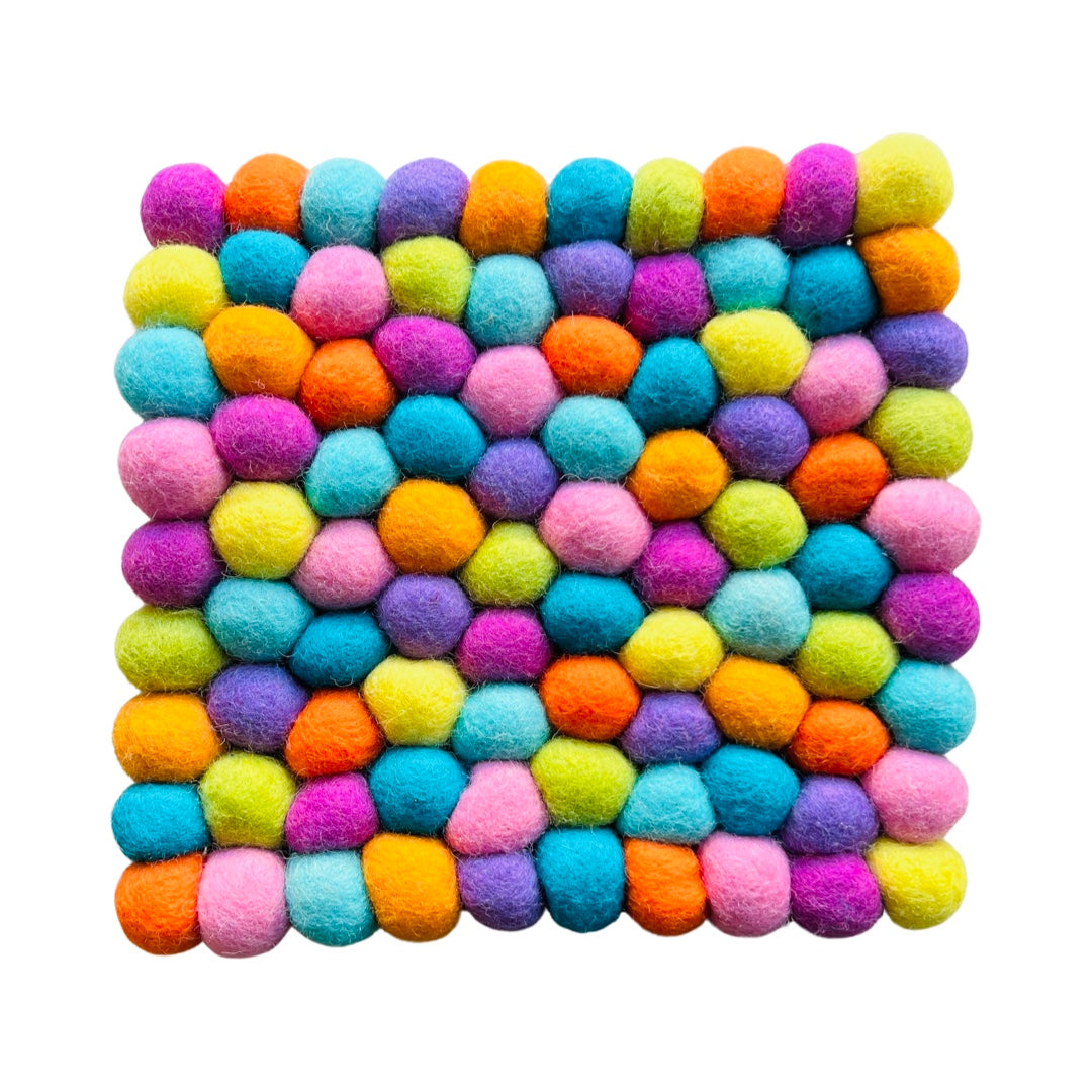 Square pastel multi-colored felt pom pom trivet