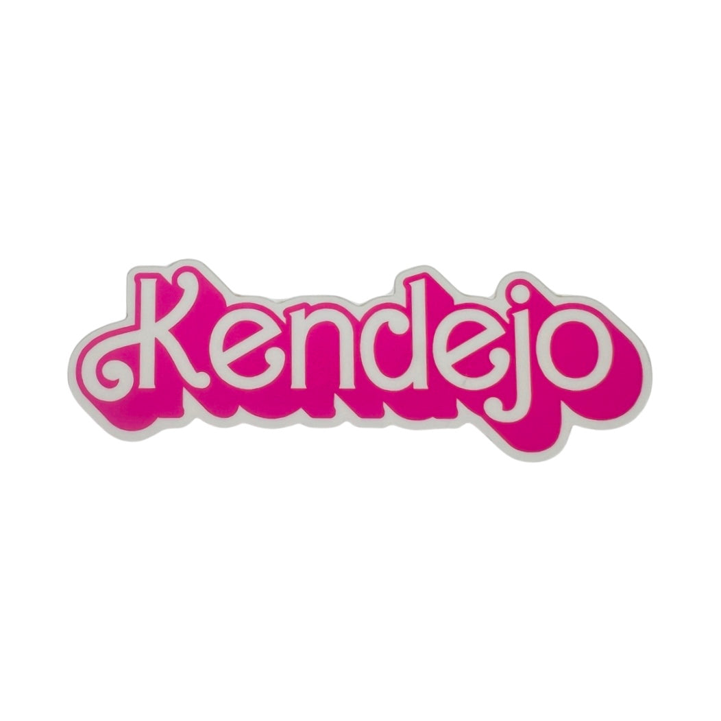 The word Kendejo in white lettering outlined in hot pink.