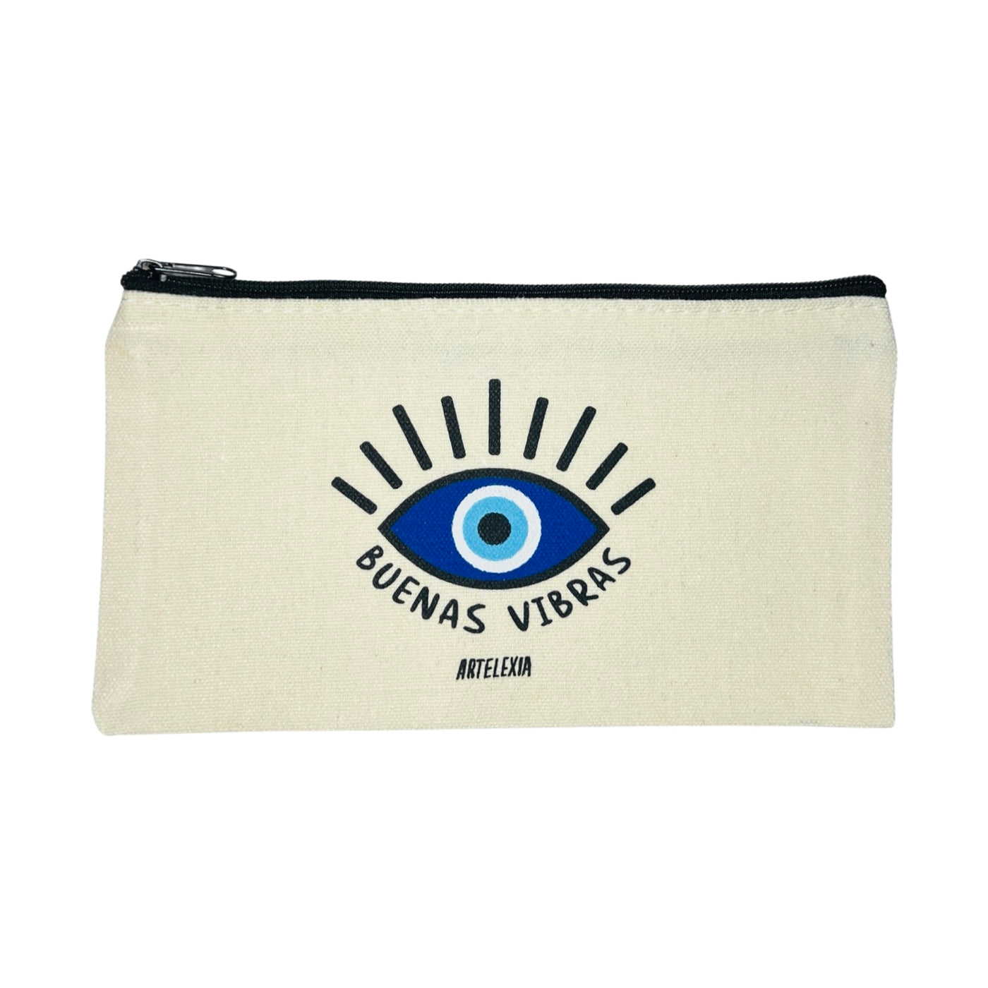 canvas zipper pouch with the phrase Buenas Vibras in black lettering featuring an image of a blue and white eye.