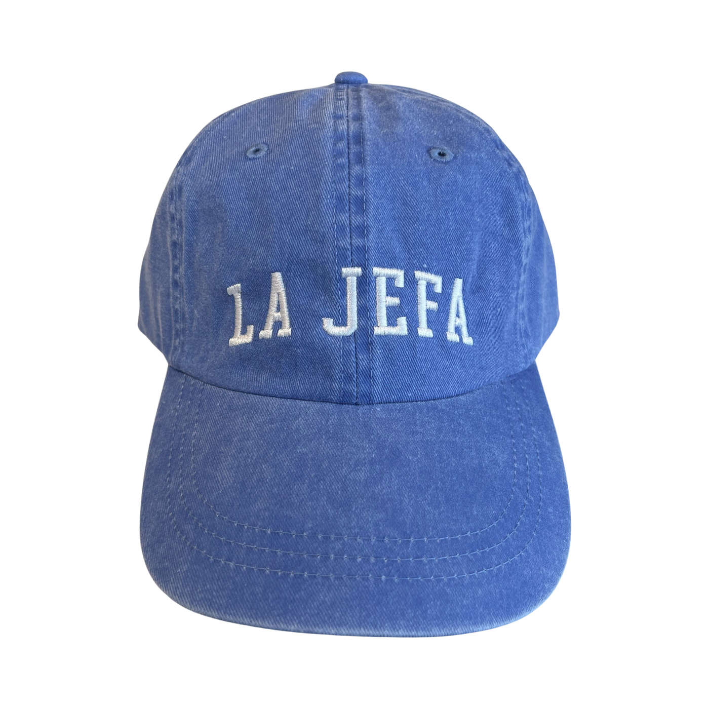 blue hat with the phrase La Jefa in white lettering