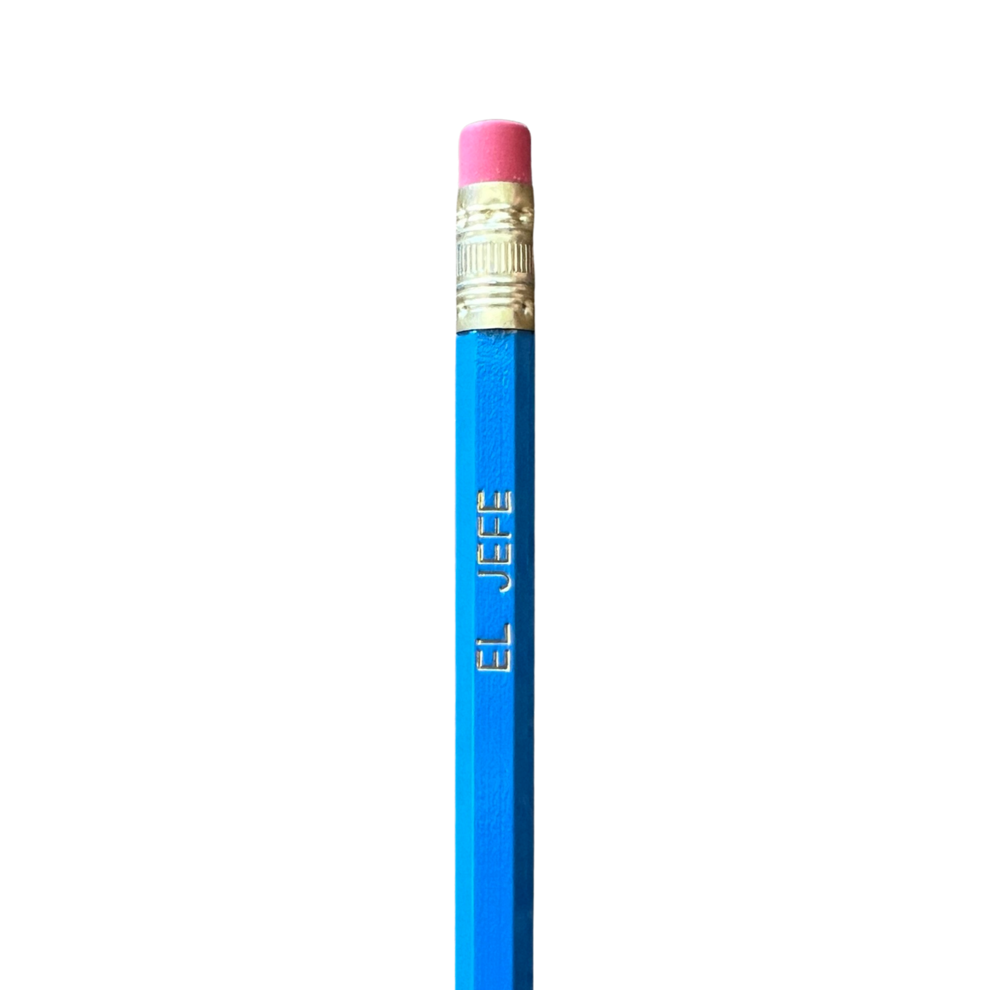 blue pencil with the phrase El Jefe in gold lettering