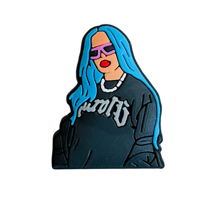 image of Karol G with blue hair, black sweater and purple sunglasses.