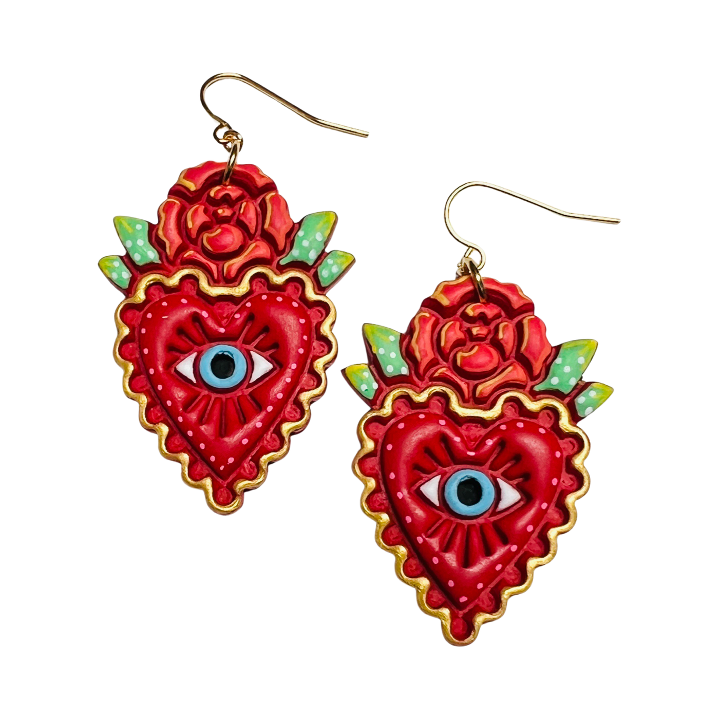 set of red hearts with a red rose on the top and features an eye in the center.