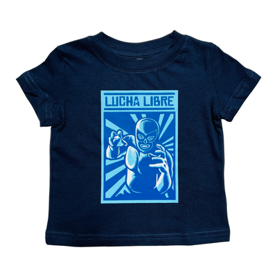 navy blue shirt with the rectangle image of a luchador and the phrase Lucha Libre in blue and teal colors.