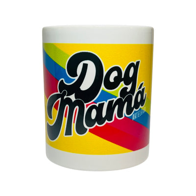 White Ceramic mug with the phrase Dog Mama in black lettering over a yellow, red, blue and green back ground.