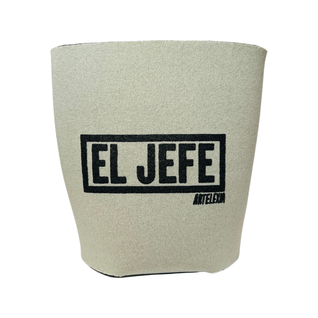 Grey Can cooler with the phrase El Jefe in black lettering