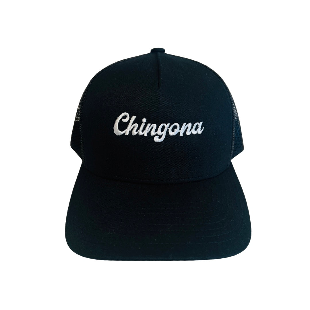 Black mesh snap back hat with the phrase Chingona in white lettering