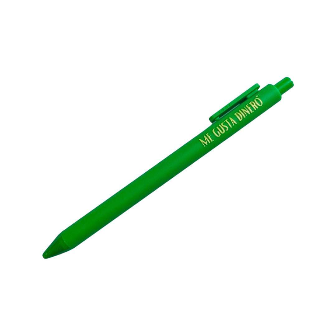 Green pen with the phrase Me Gusta Dinero in yellow lettering