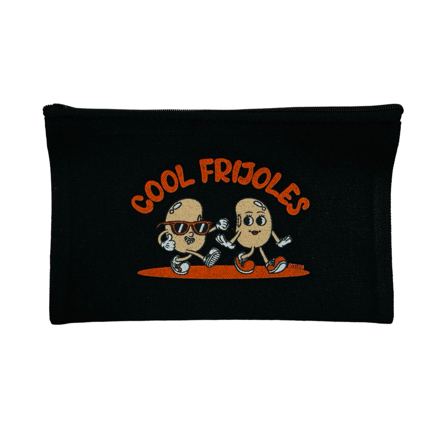 black canvas zip pouch with an illustration of two animated beans walking featuring the phrase Cool Frijoles in orange lettering