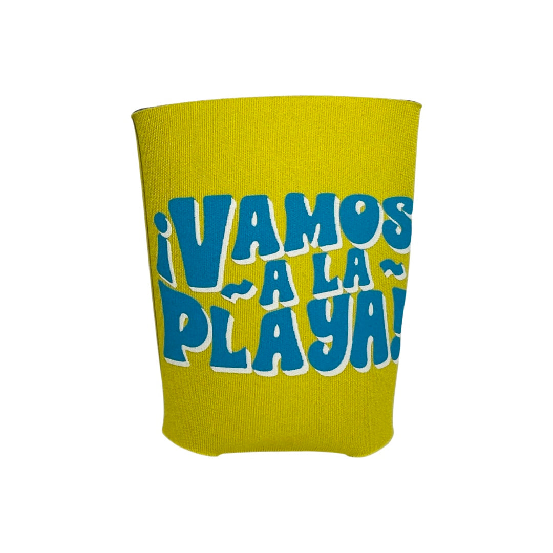 yellow can cooler with the phrase Vamos A La Playa in blue and white lettering
