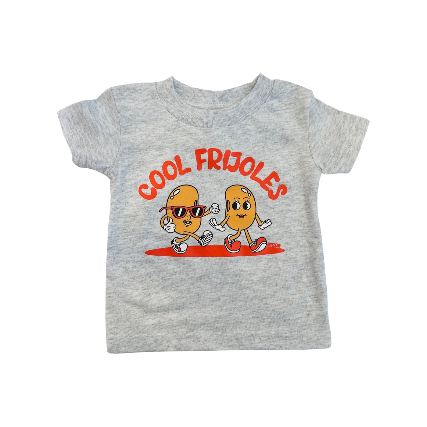gray kid's shirt with an image of two animated beans with the phrase Cool Frijoles in orange lettering.