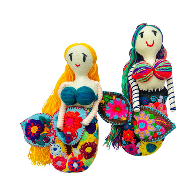 set of front view of an embroidered mermaid set of dolls that feature flowers on their tail