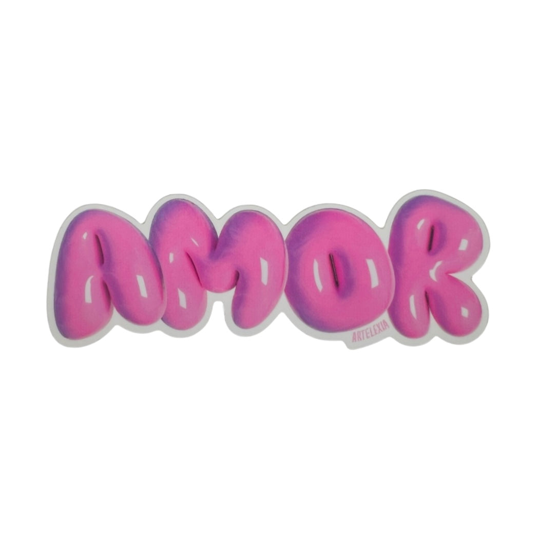The word AMOR in pink balloon shapes.