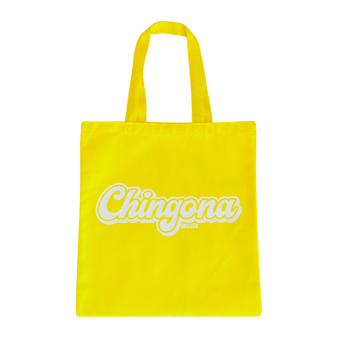 yellow tote bag with the word chingona in white lettering