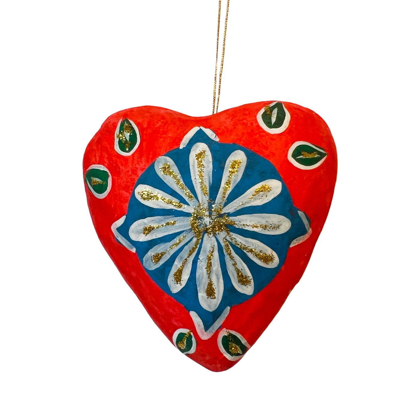 red heart ornament with a colorful floral design with glitter accents