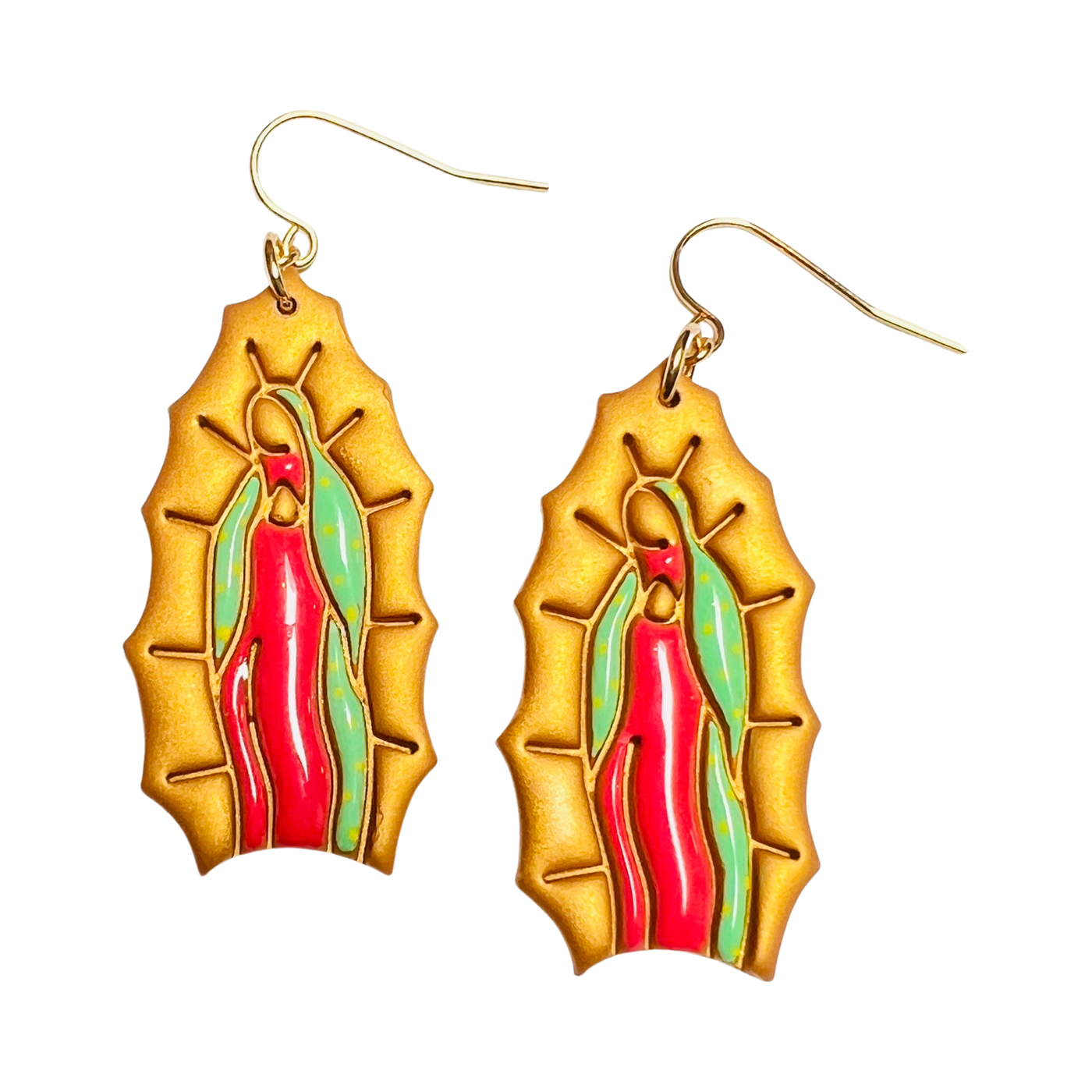 Set of gold Virgen earrings featuring a red dress and green shawl