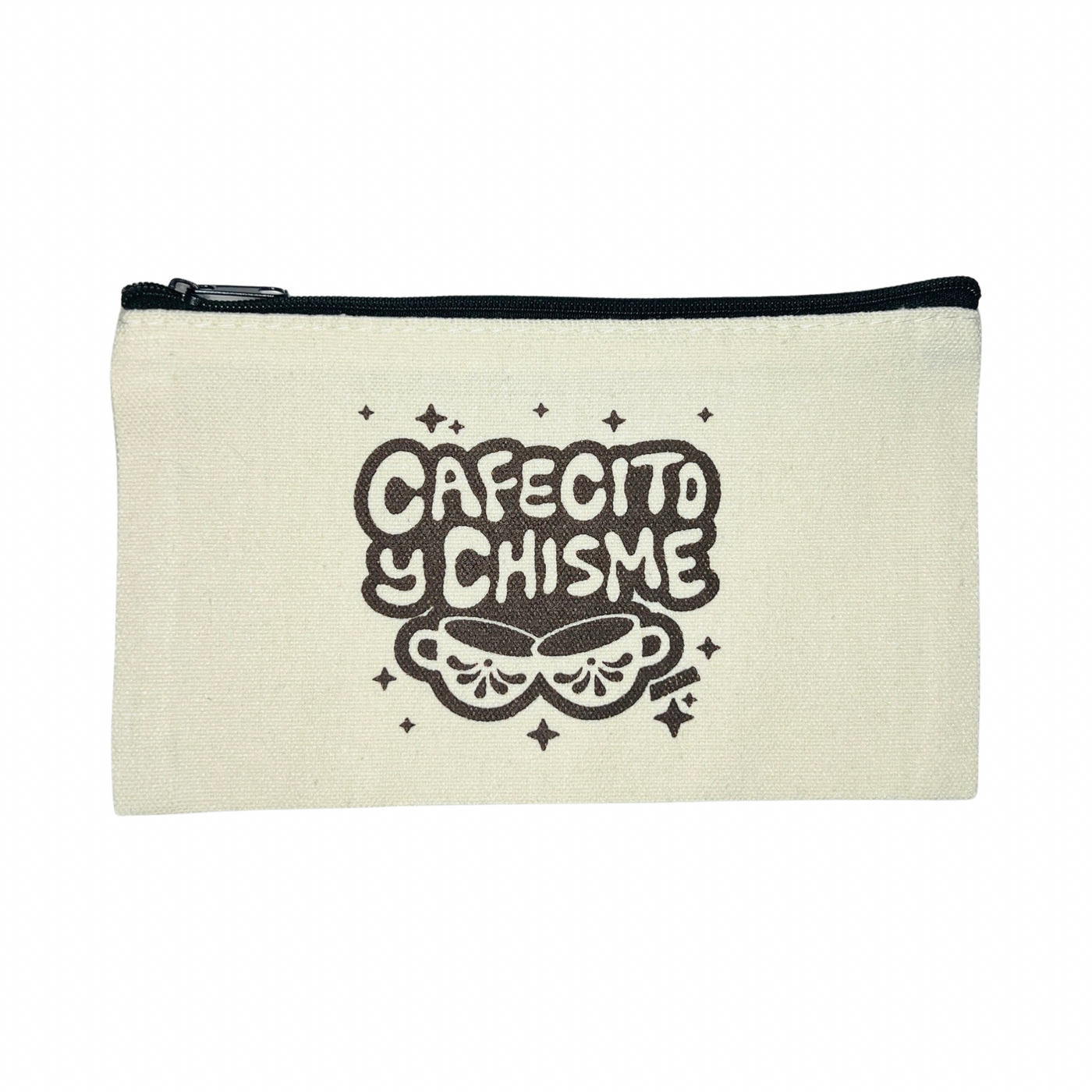 canvas zipper pouch with the phrase Cafecito y Chisme and the image of two cups in the color brown