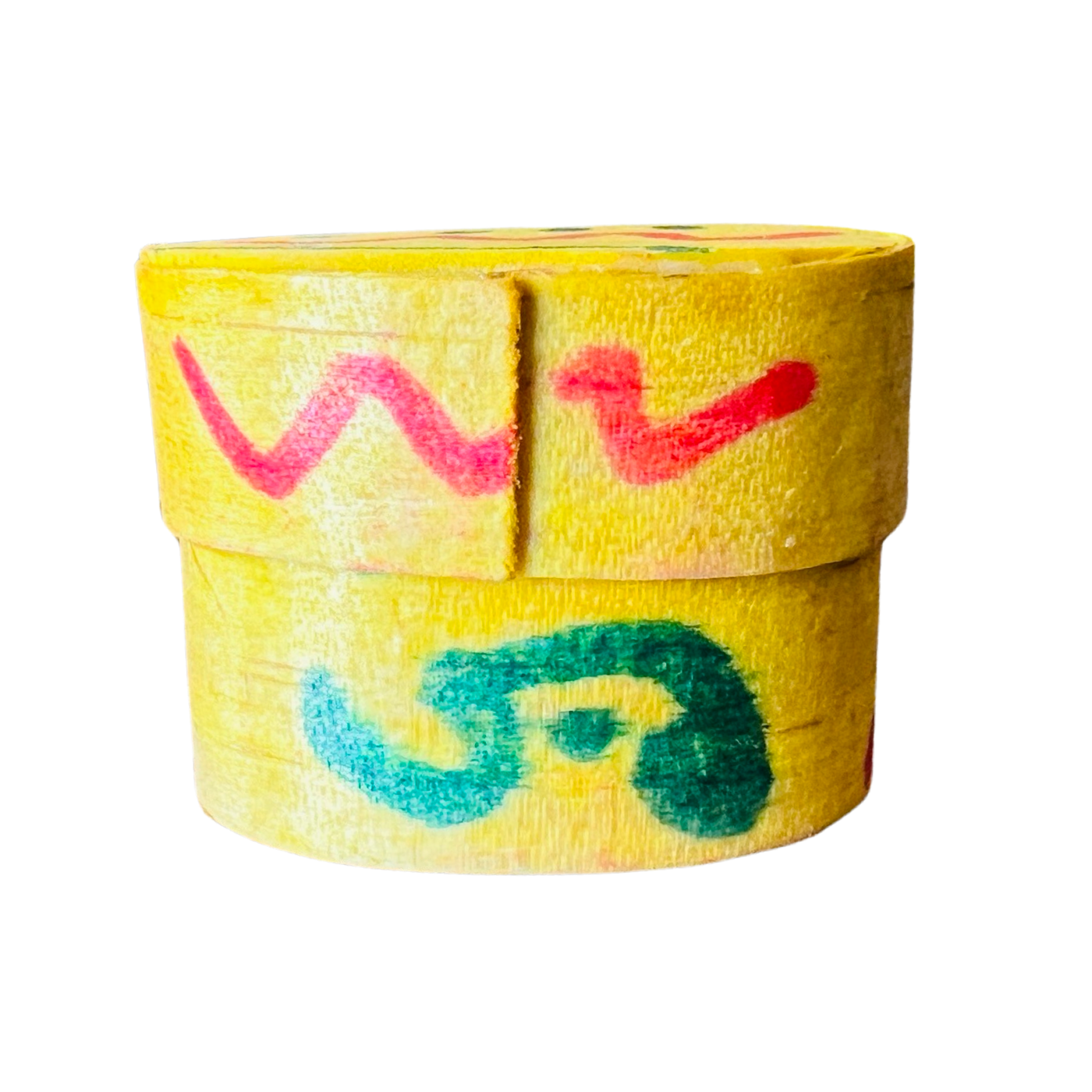 yellow wooden box with red and green designs