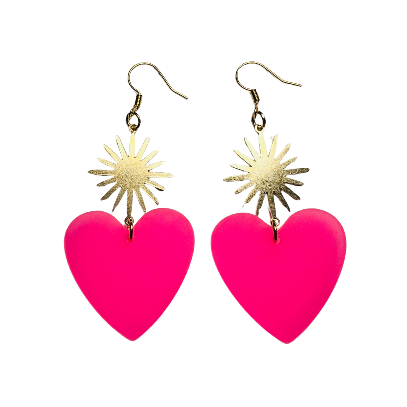 set of hot pink resin heart earrings with a brass sunburst
