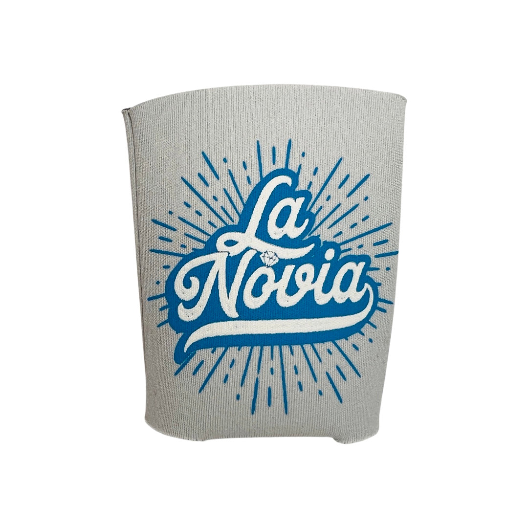 Light grey can cooler with the phrase La Novia in white and blue lettering