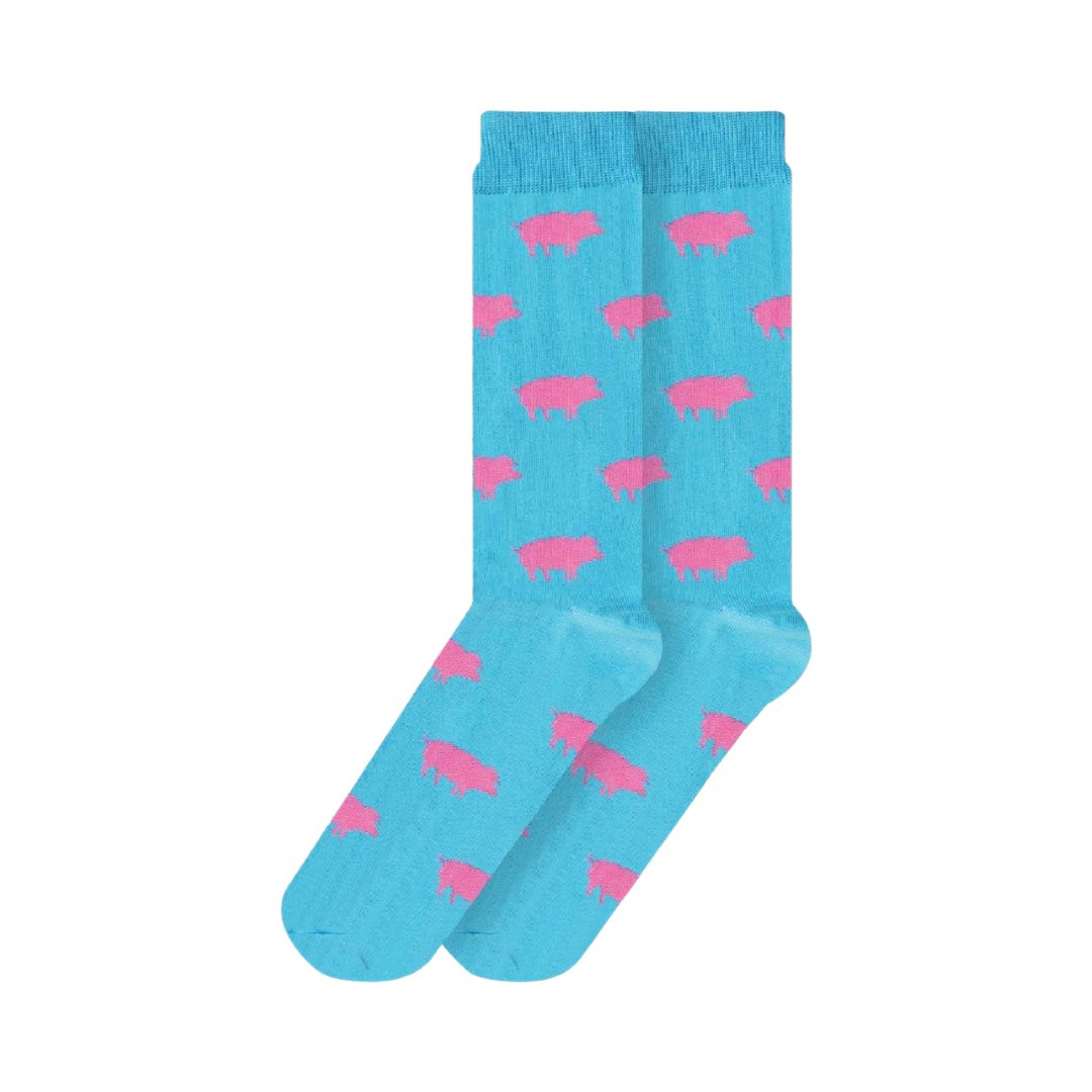 Pair of aqua socks with a pink piggy pattern