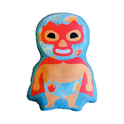 Pillow with an image of a Luchador wearing blue, red and yellow mask and underpants.