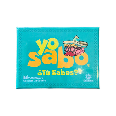 teal rectangle box with the phrase Yo Sabo Tu sabes? in yellow lettering and an illustration of a brain with glasses and a sombrero