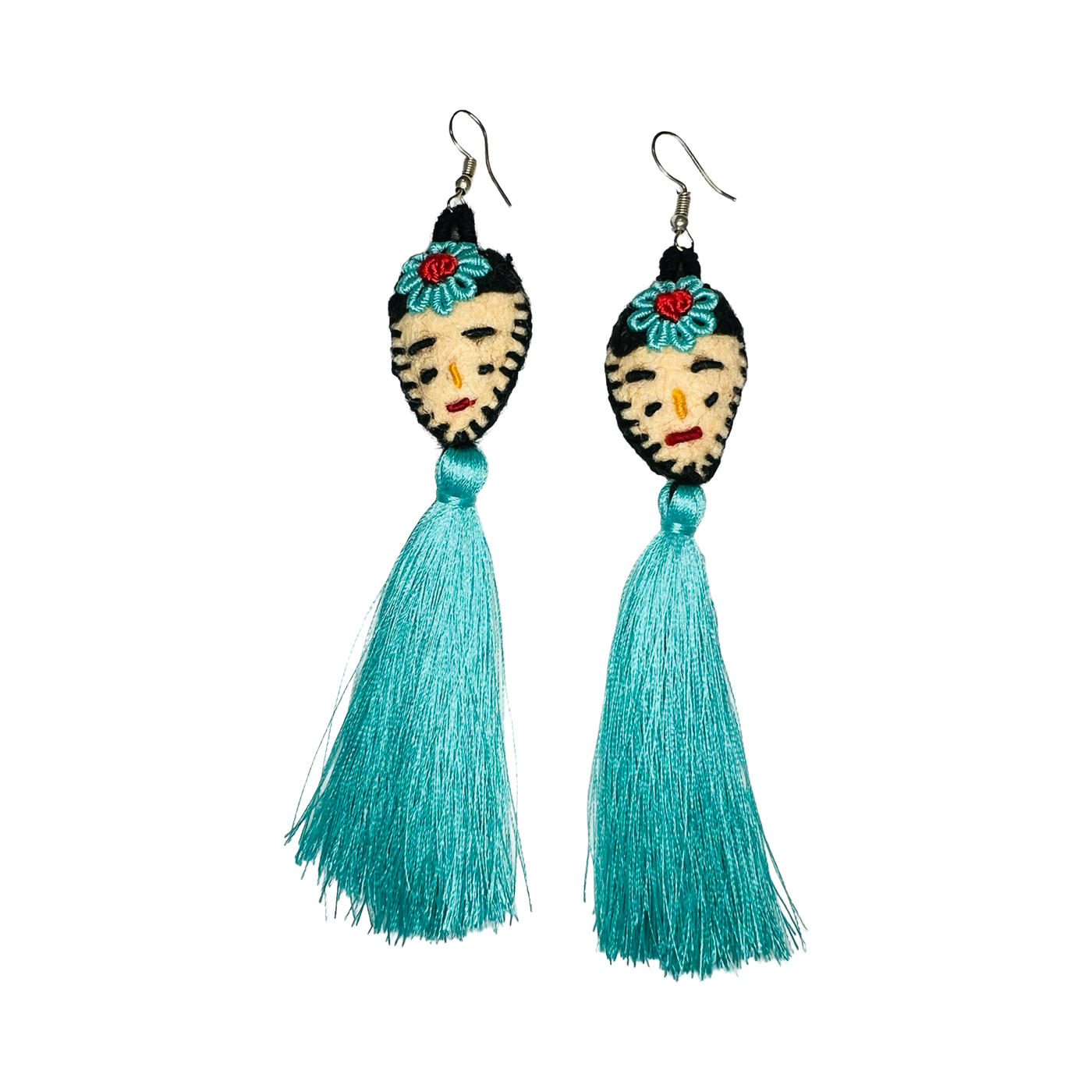 Teal set of felt Frida Kahlo tassle earrings.