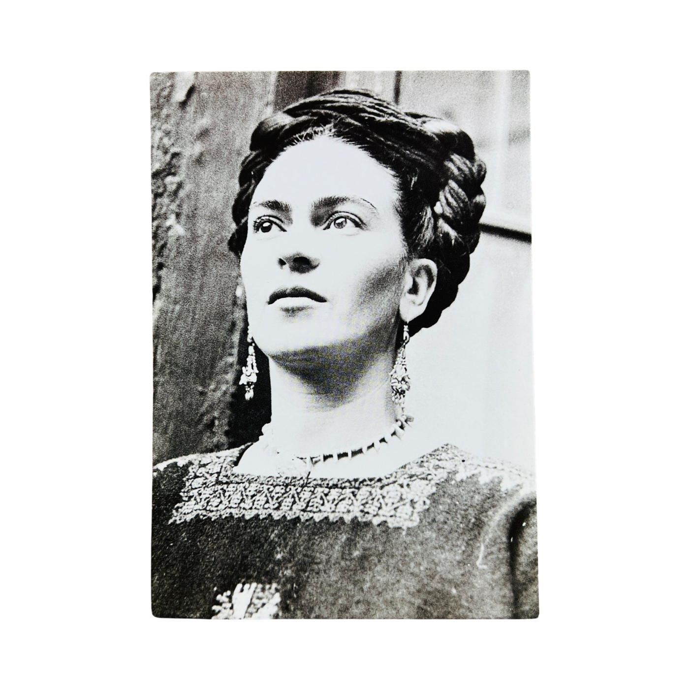 black and white image of Frida Kahlo on a standard size postcard