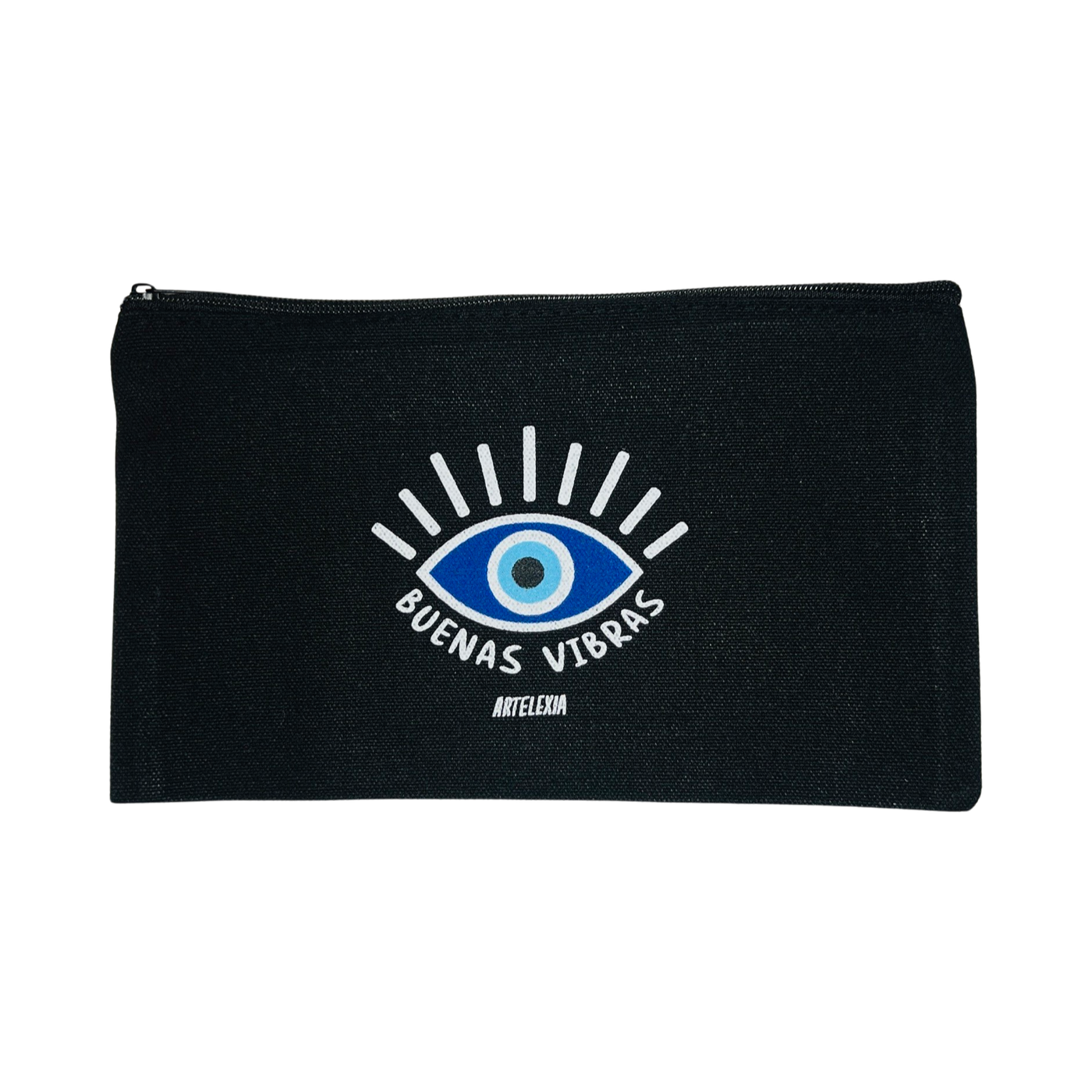 black canvas zipper pouch with the phrase buenas vibras in white lettering and an image of a blue and white eye.