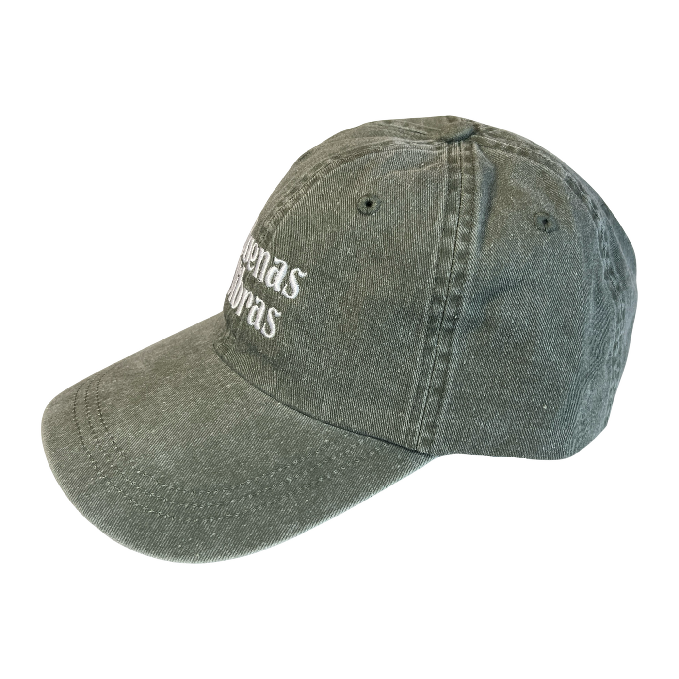 Side view of a olive hat with the phrase Buenas Vibras in white lettering