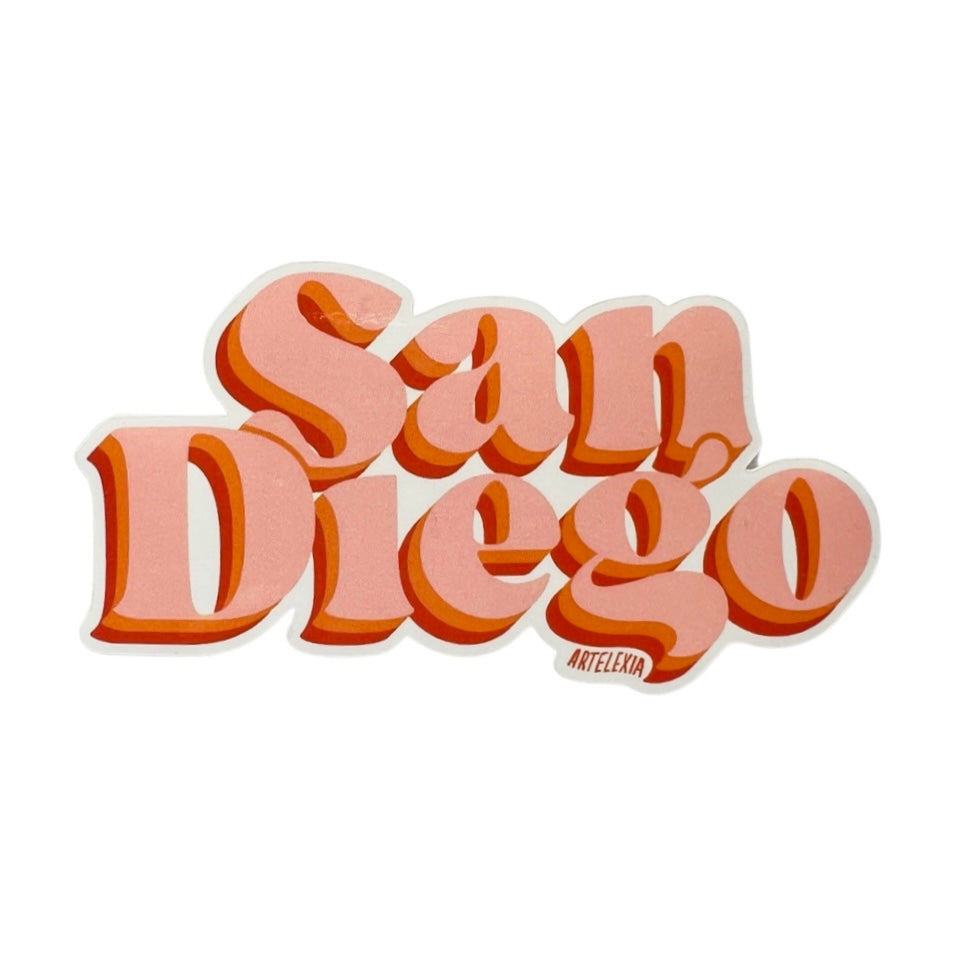 The word San Diego in a light pink color with a sienna and red outline.