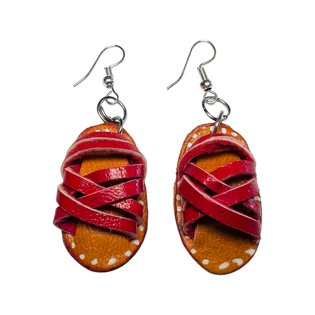 A set of red leather huaraches (Sandal) earrings.