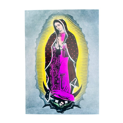 illustration of the Virgin Mary in neon colors.