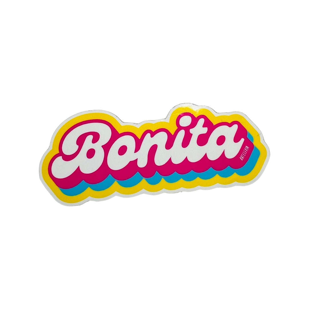 Bonita in white bubble lettering outlined in yellow, pink and bule