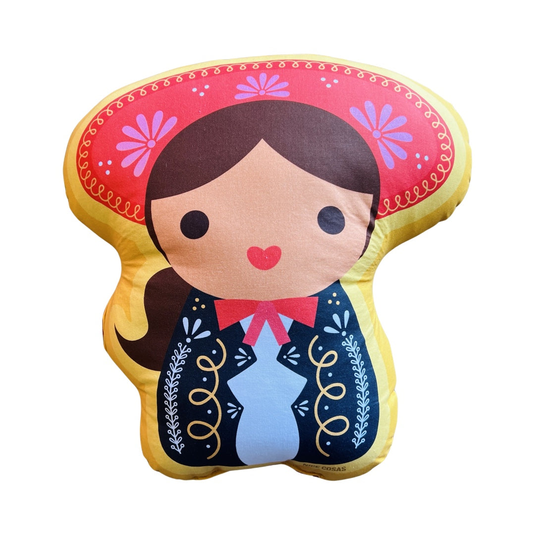Pillow with an image of a  female Maricahi wearing a black mariachi suit.