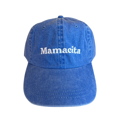 blue hat with the word Mamacita in white lettering