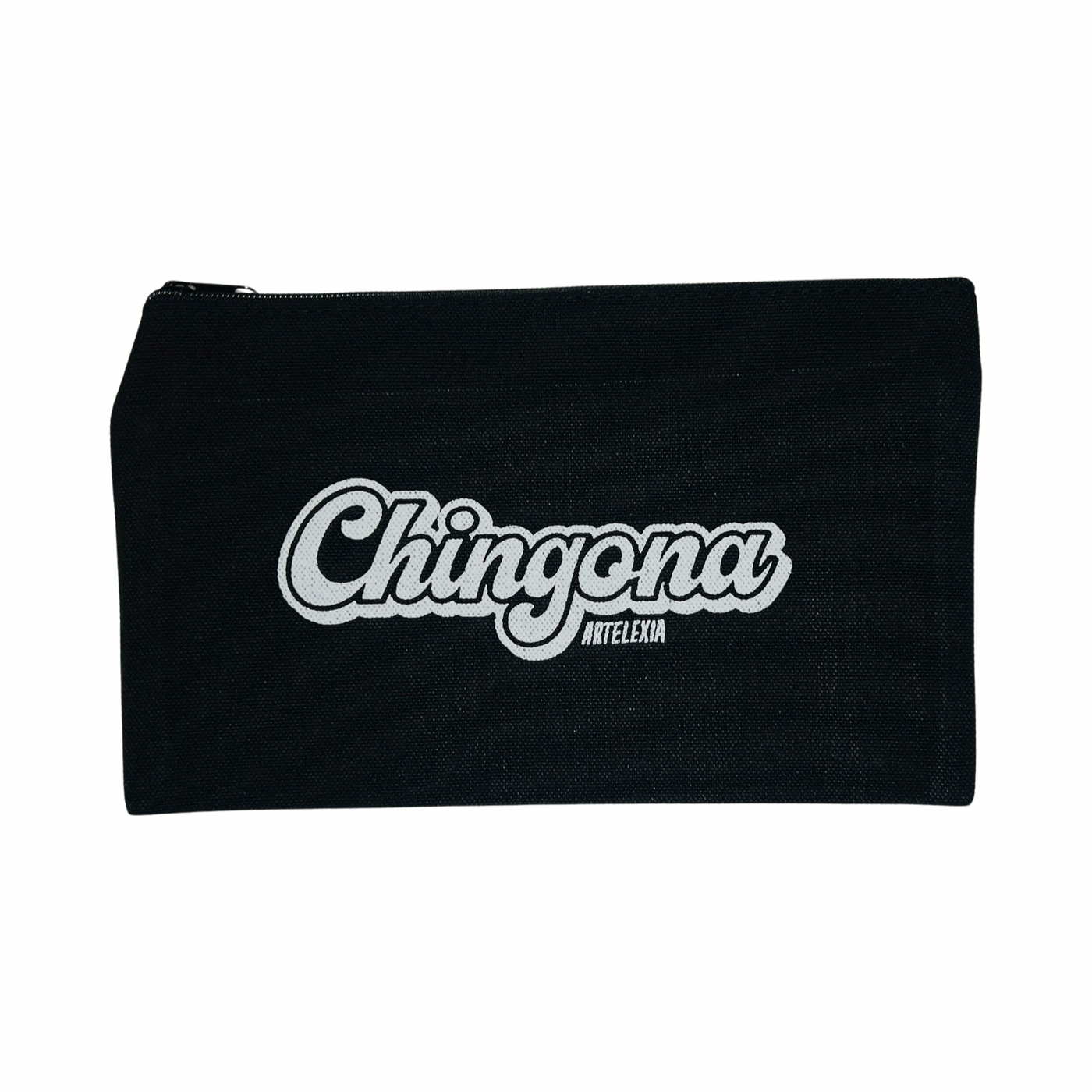 black canvas zipper pouch with the word Chingona in white lettering