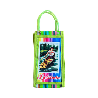 green Mexican mesh market bag with an image of the La Chalupa loteria card.