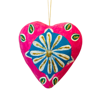 Pink heart ornament with a colorful floral design with glitter accents